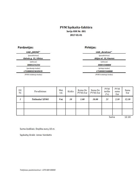 Fiziniam asmeniui išrašytos sąskaitos pavyzdys