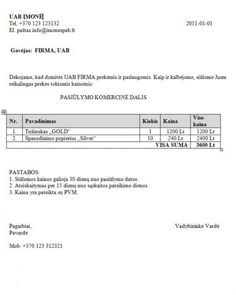 Pavyzdinis komercinio pasiūlymo darželio baldams šablonas