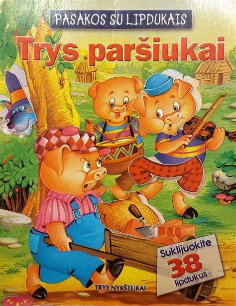 Iliustracija su trimis paršiukais ir vilku