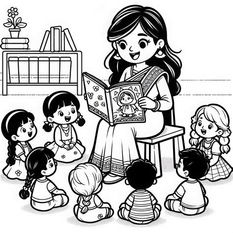 Auklėtoja skaito pasaką vaikams darželyje