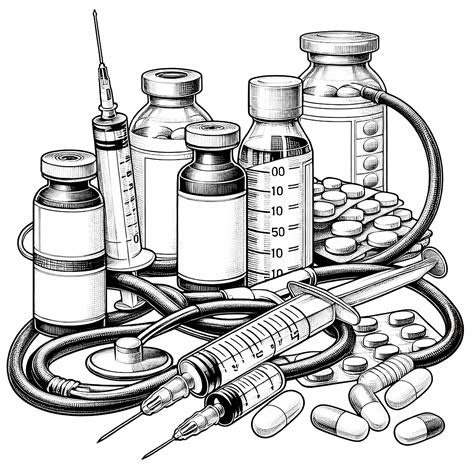 Medikamentų buteliukai ir švirkštas