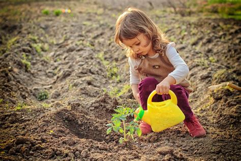 vaikas padeda kaimynei su daržo darbais