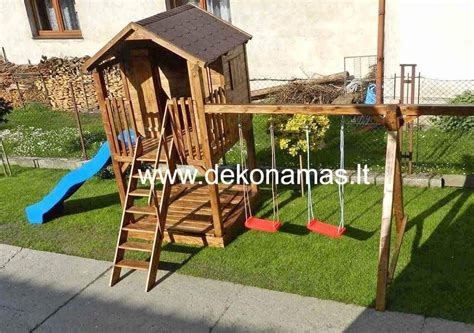 Impregnuota medinė žaidimų aikštelė su smėlio dėže ir čiuožykla