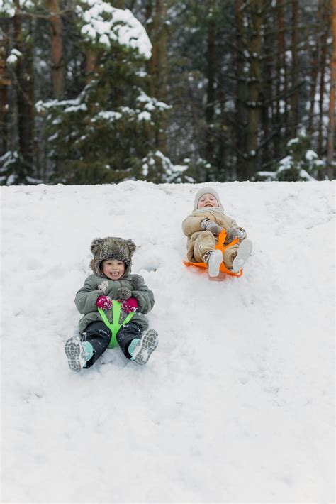 vaikai važiuoja rogutėmis