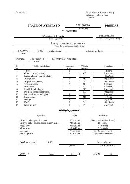 Skaitmeninio brandos atestato pavyzdys